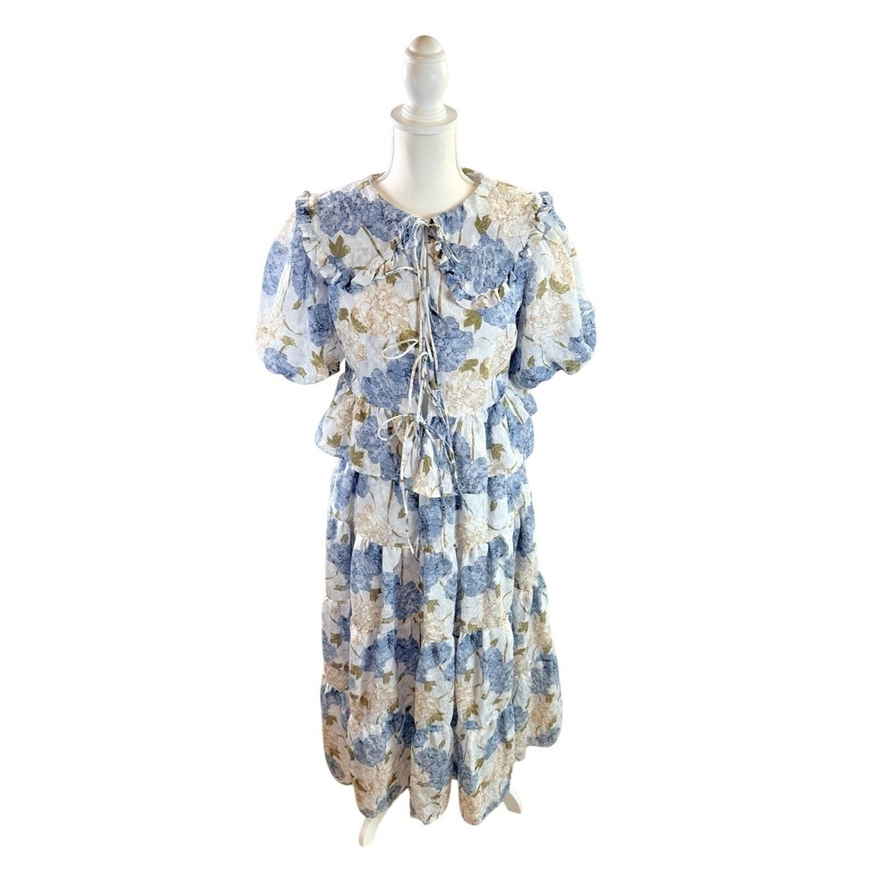 Aureum Blue Hydrangea Floral 100% Cotton Top & Skirt set Size Small